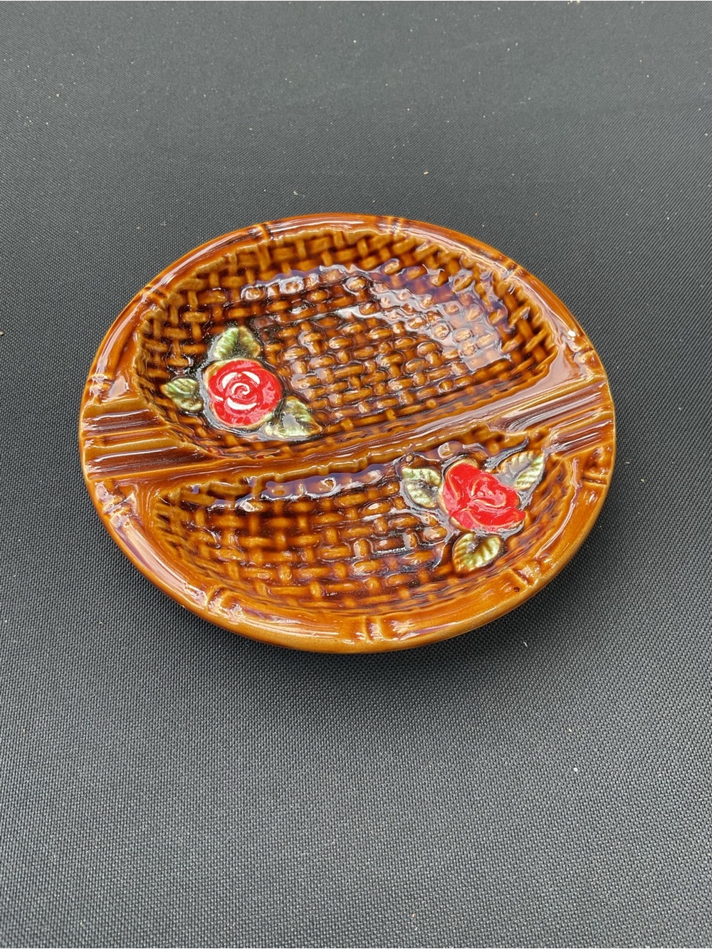 Vintage Basket Weave Design Ceramic Red Rose Motif Ashtray Japan
